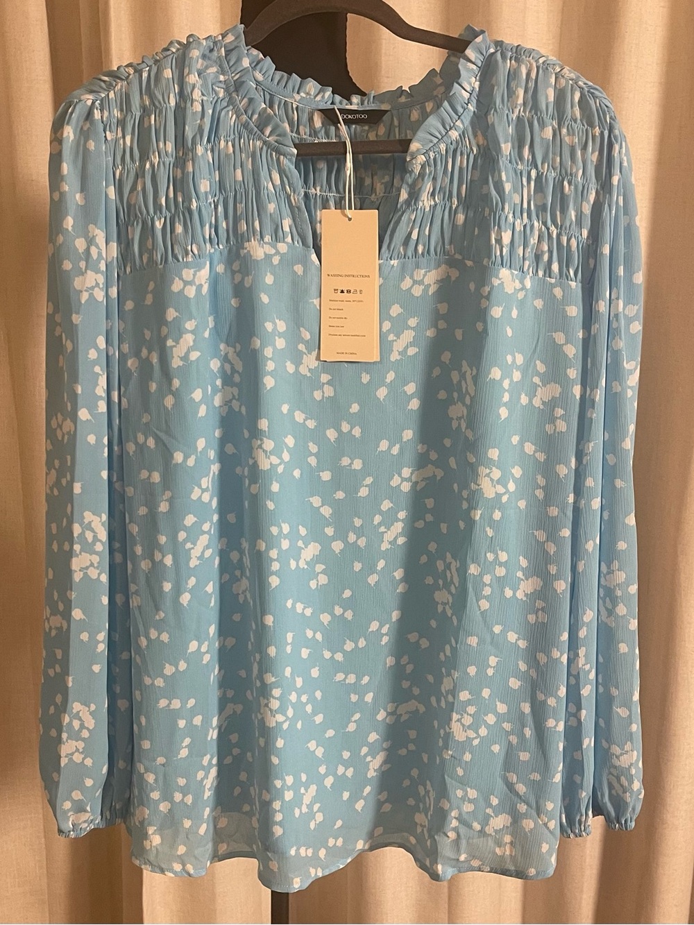 Dokotoo Light Blue Printed Smocked Yoke Blouse